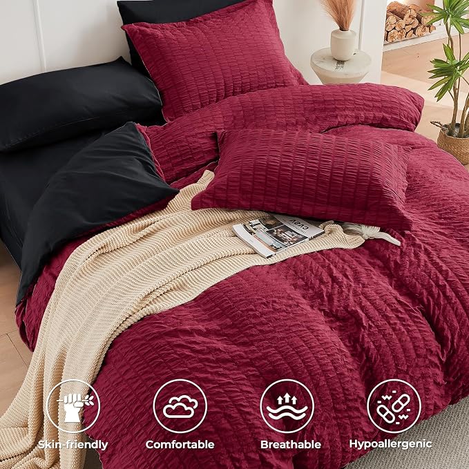 HYMOKEGE Red & Black Twin XL Comforter Set Seersucker 5 Pieces, All Season - Image 3