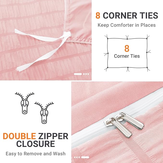 HYMOKEGE Pink Twin Size Duvet Cover, Ultra Soft 2-Piece Seersucker Duvet Cover - Image 4