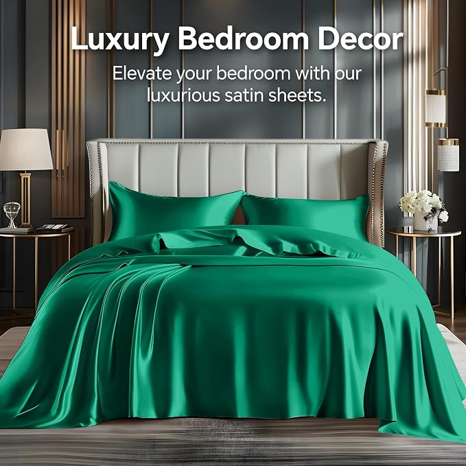 BEDELITE King Size Sheets Set, Luxury Soft Dark Green Satin Sheets - Image 2
