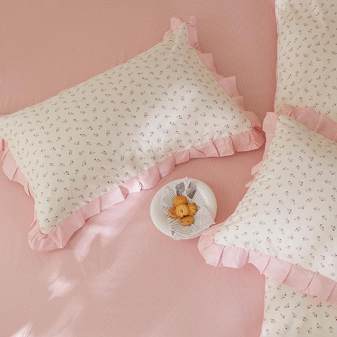 mixinni Pink Floral Duvet Cover Set Full Size – 100% Cotton Ruffle Lace Bedding - Image 5