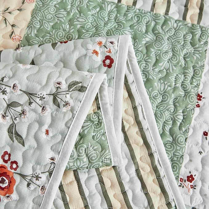 Patchwork Quilt Set King Size, 3 Pieces Green Floral Plaid Summer Bedspread - Image 7