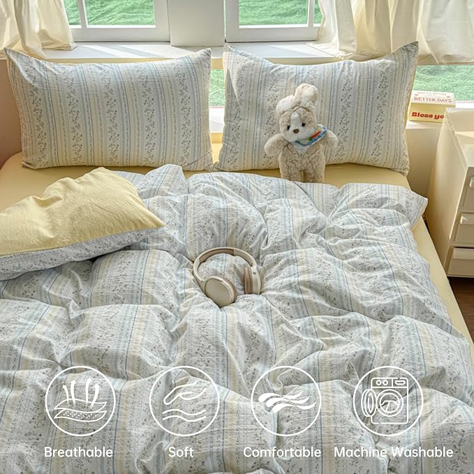BOLINLIVING Vintage Floral Duvet Cover Queen Size, Reversible Blue Striped - Image 3