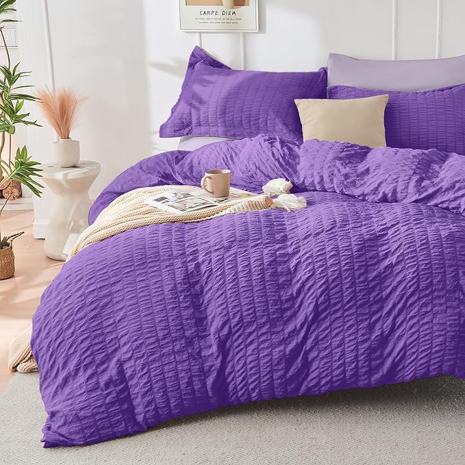 HYMOKEGE Dark Purple/Lavender California King Comforter Set Seersucker 7 Pieces - Image 2