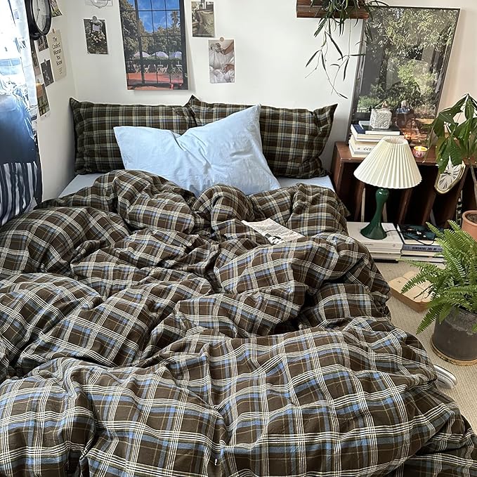 mixinni Vintage Brown & Blue Buffalo Plaid Duvet Cover Set King Size - Image 2
