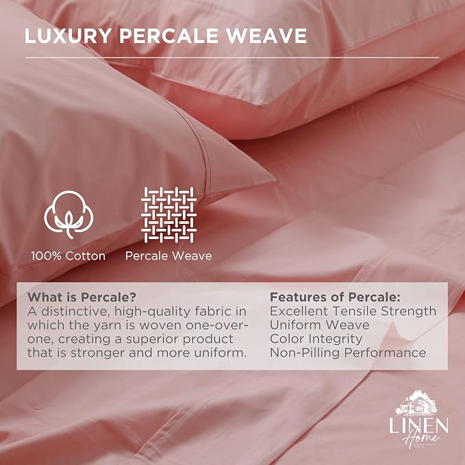 Linen Home 100% Cotton Percale Weave Fitted Sheet, Twin Size, English Rose - Image 2