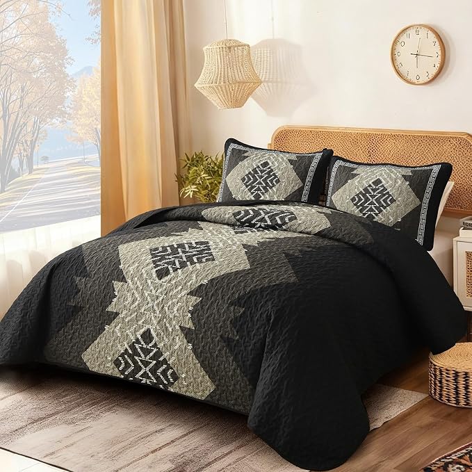 Dintszyayue Black Boho Quilt Set Queen, Aztec Western Quilt Bedspread Set - Image 2