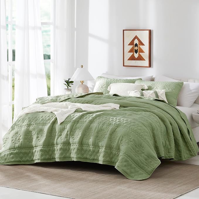 WDCOZY Boho Sage Green Oversized California Cal King Size Quilt Bedding Sets - Image 2
