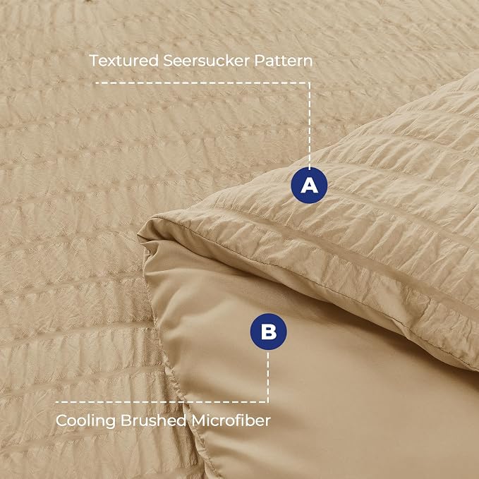HYMOKEGE Khaki Duvet Cover Full Size, Ultra Soft 3-Piece Seersucker Duvet Cover - Image 3