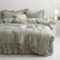 mixinni Green Gingham Ruffle Duvet Cover Full Size 3 Pieces – 100% Washed Cotton by mixinni