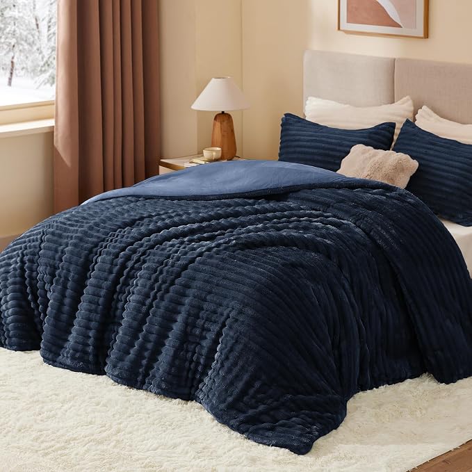 BEDELITE Fleece Queen Comforter Set -Super Soft & Warm Fluffy Navy Blue Bedding - Image 2