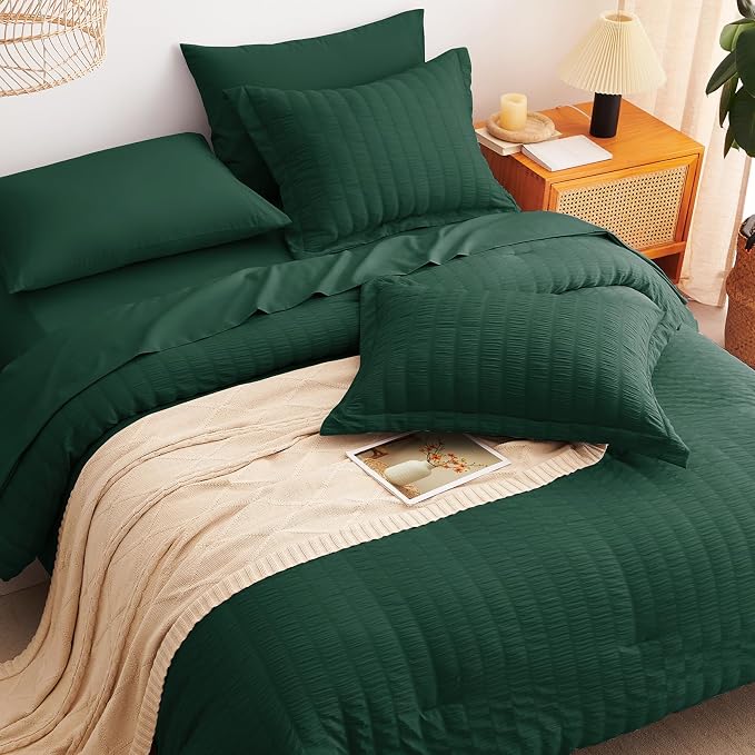 CozyLux Queen Comforter Set Emerald Green Seersucker 7 Pieces Bed in a Bag - Image 6