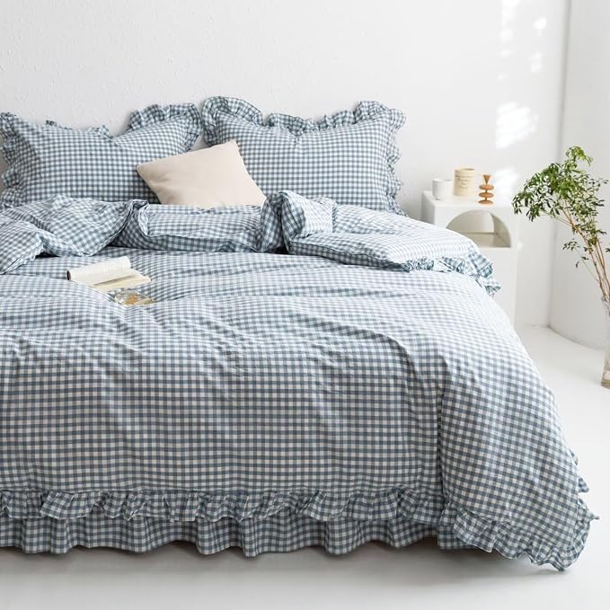 MKXI Blue and White Gingham Duvet Cover Queen Size, 3-Piece Bedding Set - Image 2