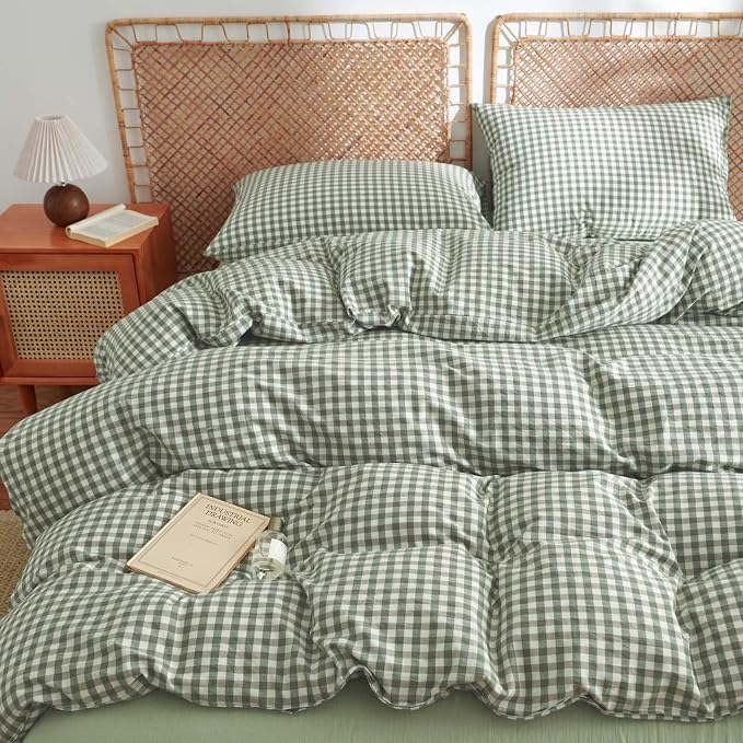 Nayoroom Gingham Duvet Cover Full Size 100% Washed Cotton Green Plaid Checkered - Image 2