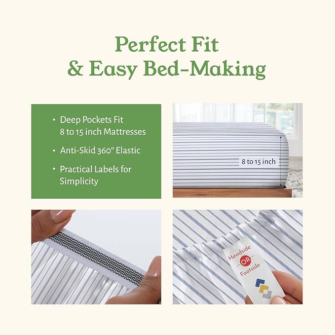 California Design Den Full Sheet Set Stripe, 100% Organic Cotton Percale Sheets - Image 6