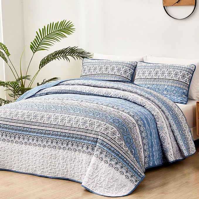 WONGS BEDDING Boho Queen Quilt Set, Light Blue Bohemian Queen Quilt Bedding Set - Image 2