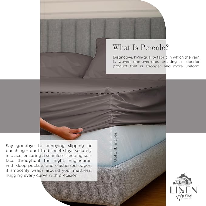 Linen Home 100% Cotton Percale Sheets King Size, Deep Pocket, 4 Pieces Set - Image 4