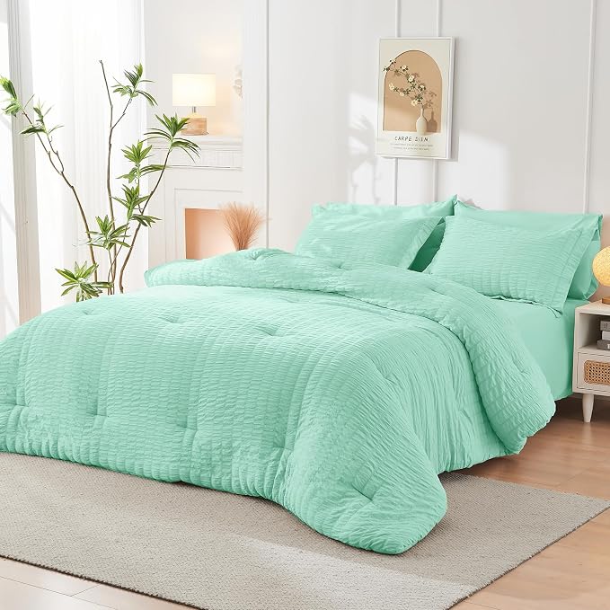 HYMOKEGE Mint Green Full Size Comforter Sets Seersucker 7 Pieces, All Season - Image 8