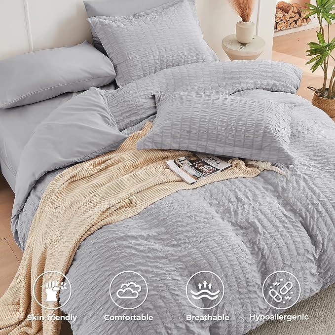HYMOKEGE Light Grey Oversized Queen Comforter Set Seersucker 7 Pieces, All - Image 3