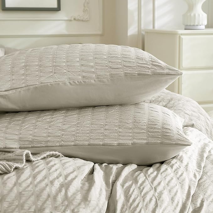 JELLYMONI Beige Duvet Cover Twin Size, Soft Breathable Seersucker Duvet Cover - Image 8