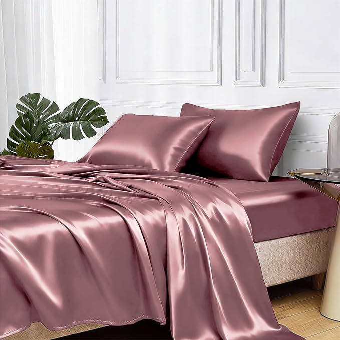 MR&HM Satin Bed Sheets Set, Twin XL, Rose Taupe, 600 Thread Count, 15 Inches by MRHM
