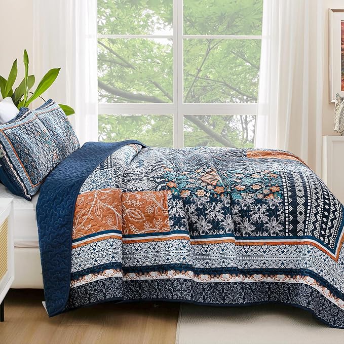WONGS BEDDING Navy Blue Quilt Set King Size, Bohemian Patchwork Bedspread - Image 3