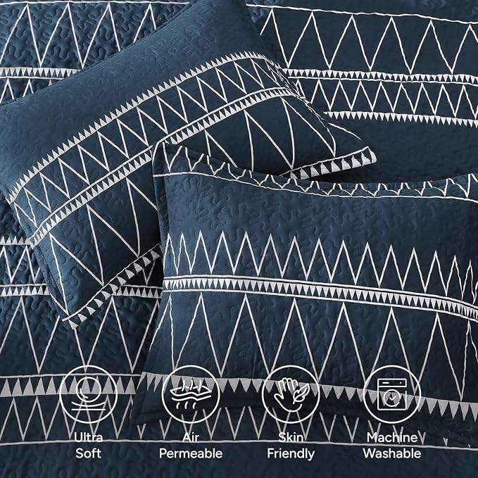 Andency Navy Oversized King Quilt Set, 3 Pieces Boho Lightweight Soft Striped - Image 5