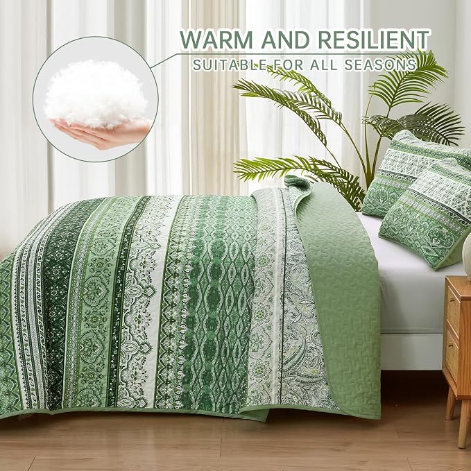 WONGS BEDDING Boho King Quilt Set, Light Green Bohemian Quilt Bedding Set - Image 3