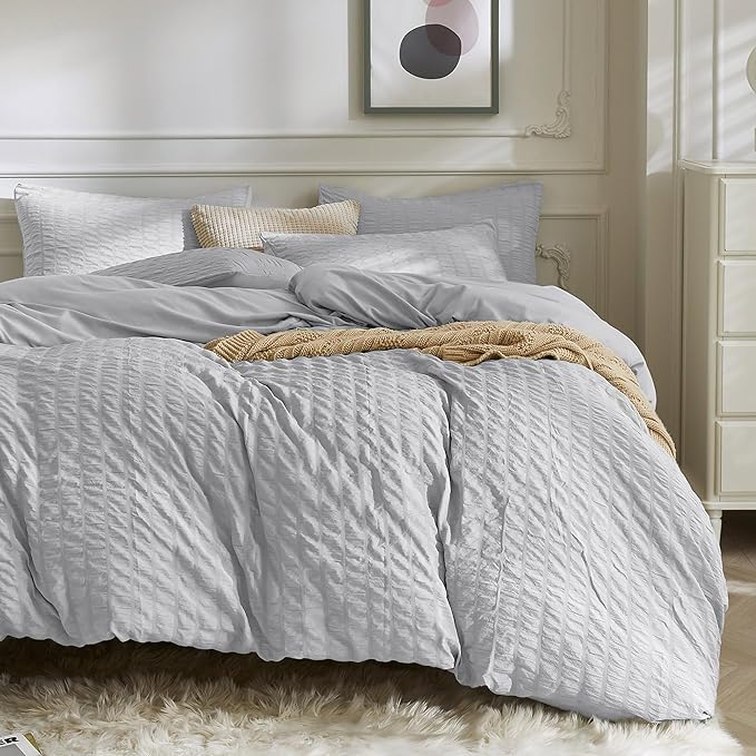 JELLYMONI Light Grey Duvet Cover Full Size, Soft Breathable Seersucker Duvet by JELLYMONI