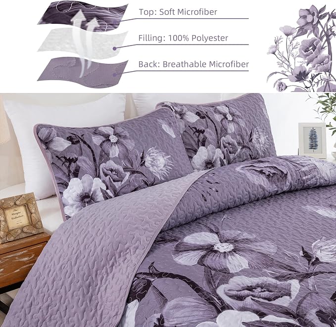 Floral Quilt Set King Size Bedding Set 3 Pieces Dark Purple Boho Floral Quilt - Image 7