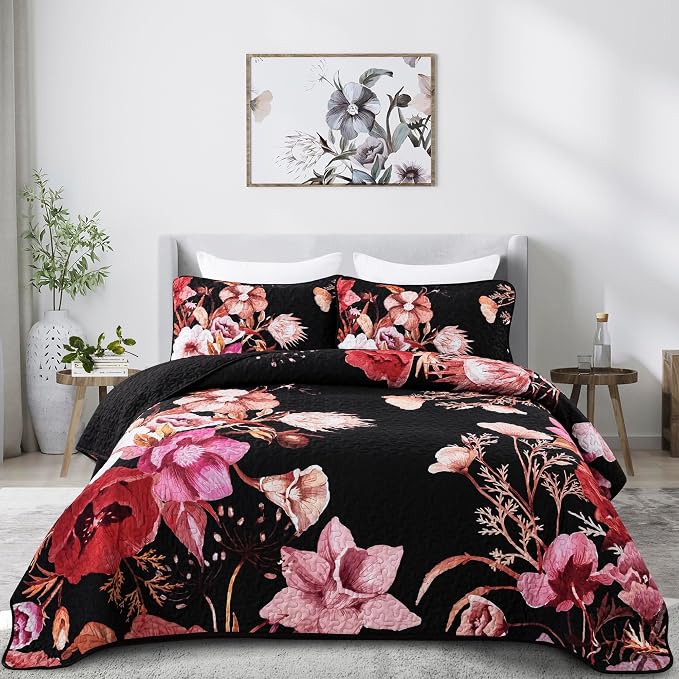 Floral Quilt Set Queen 3 Pieces Red Floral Quilt Coverlet Set Soft Microfiber by DRUCON