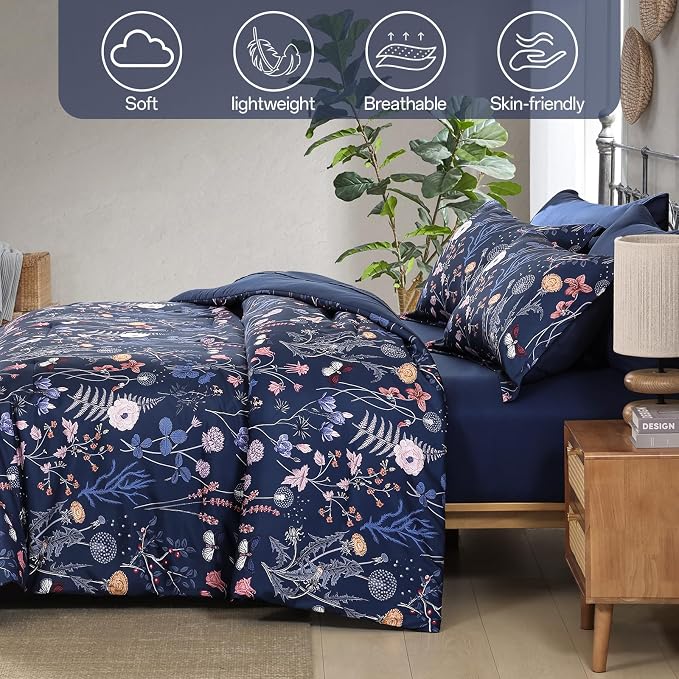Yiran King Size Comforter Set, 7 Pieces Navy Blue Floral Soft Bedding Sets - Image 6