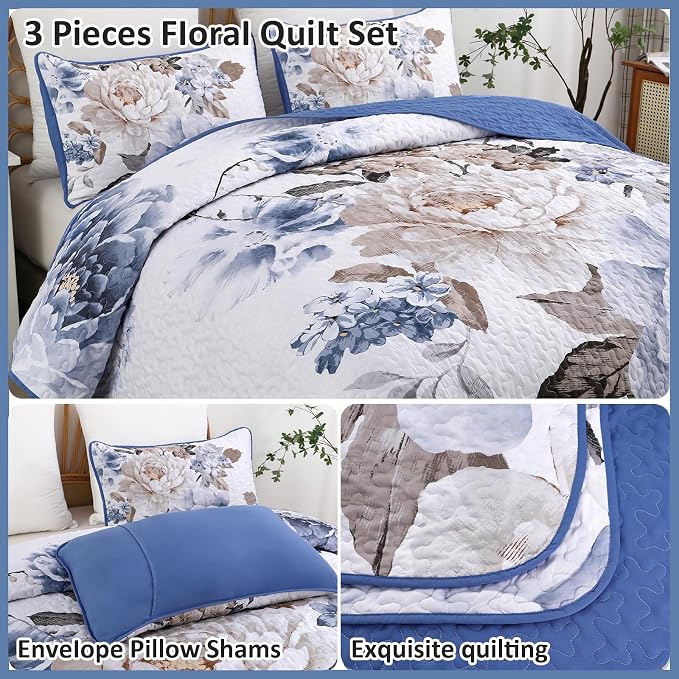 WONGS BEDDING Floral Quilt Set Blue Full Size 3 Pieces Elegant Botanical Print - Image 5