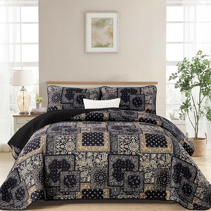 Cottolester Boho Patchwork Quilt Set California King Size, Paisley Floral by Cottolester