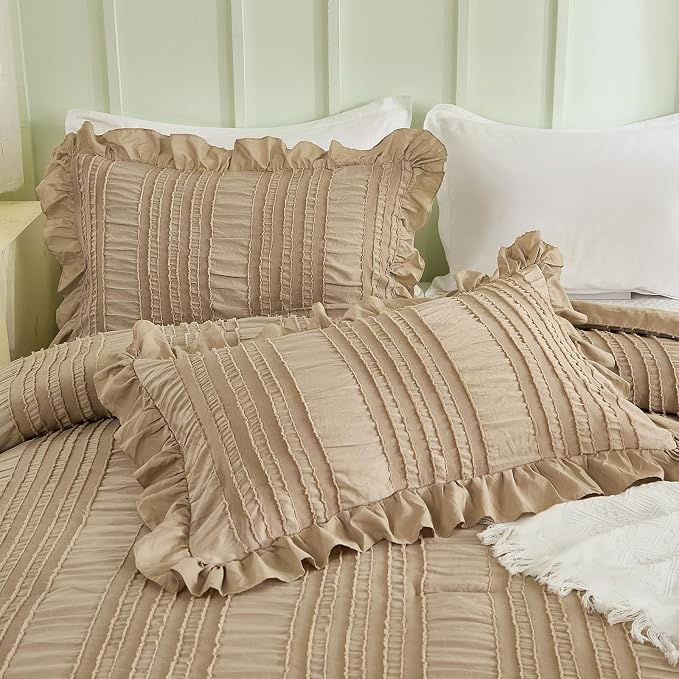 WONGS BEDDING Khaki Comforter Set King, 3 Pieces Ruffle Farmhouse Shabby Chic - Image 5