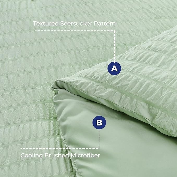HYMOKEGE Light Green Duvet Cover King Size, Ultra Soft 3-Piece Seersucker Duvet - Image 3