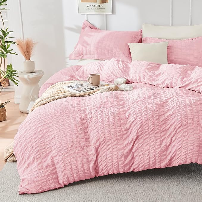 HYMOKEGE Pink/Ivory Queen Comforter Set Seersucker 7 Pieces, All Season Luxury - Image 2