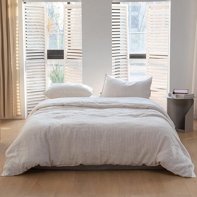 Simple&Opulence 100% Linen Duvet Cover Set 3pcs Yarn Dyed Vertical Pinstripe - Image 7