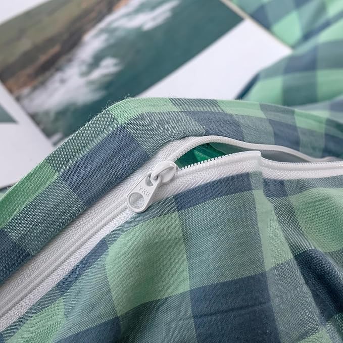 mixinni Green Gingham Grid Duvet Cover King, 100% Washed Cotton Modern - Image 7