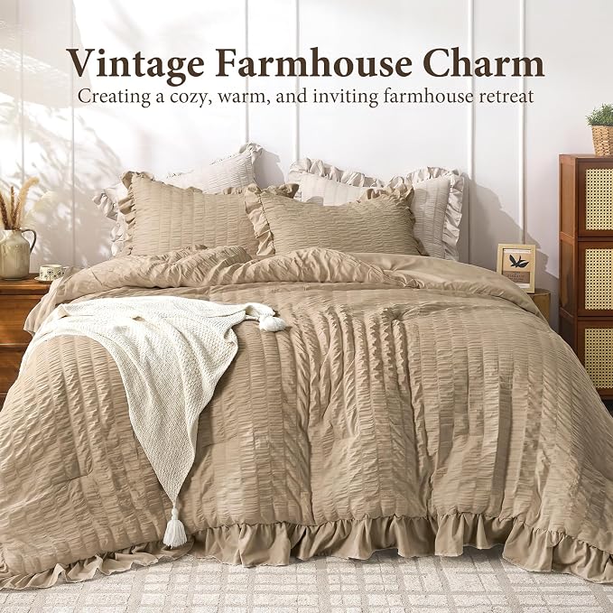 JOLLYVOGUE Twin Size Comforter Set, 2 Pieces Khaki Seersucker Lightweight - Image 2