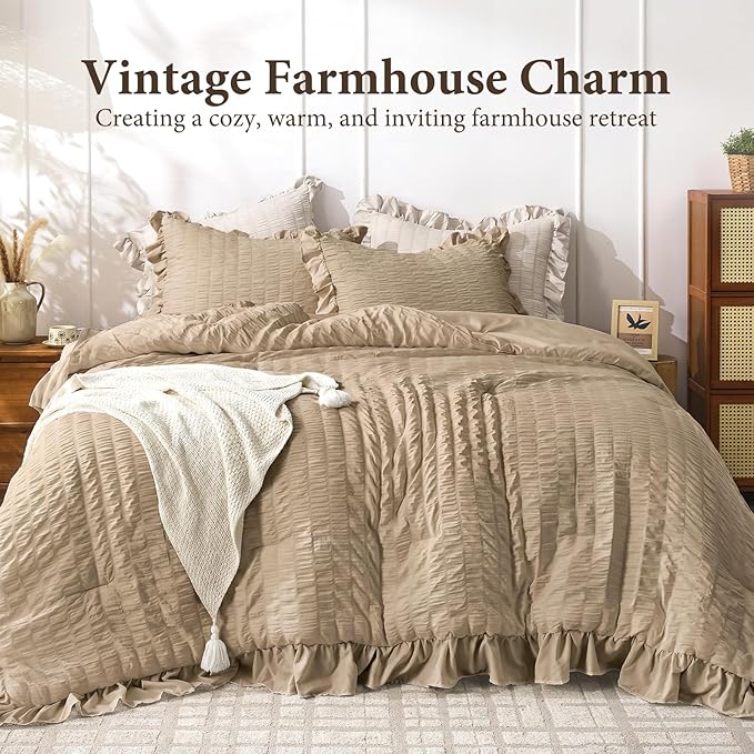 JOLLYVOGUE King Size Comforter Set, 3 Pieces Khaki Seersucker Comforters King - Image 2