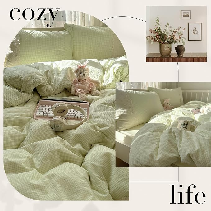 mixinni Green Gingham Duvet Cover Queen Size - Image 6