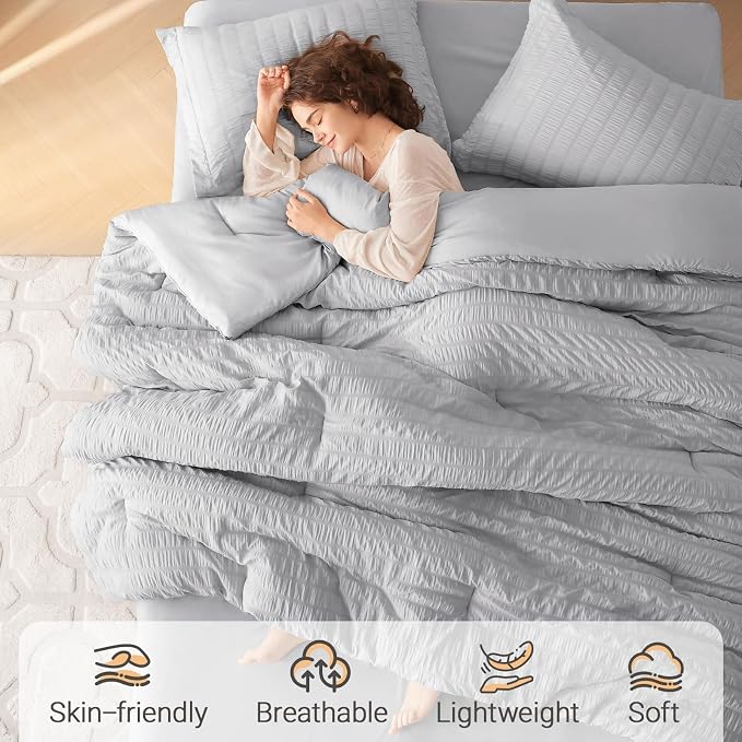 MUXHOMO 7 Pieces Queen Comforter Set, Seersucker Bed in a Bag Queen Size - Image 2
