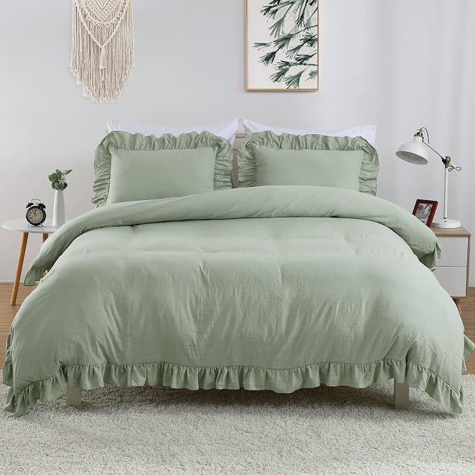 Sage Green Ruffled Duvet Cover Twin, Sage Green, 68x90 in - Image 2