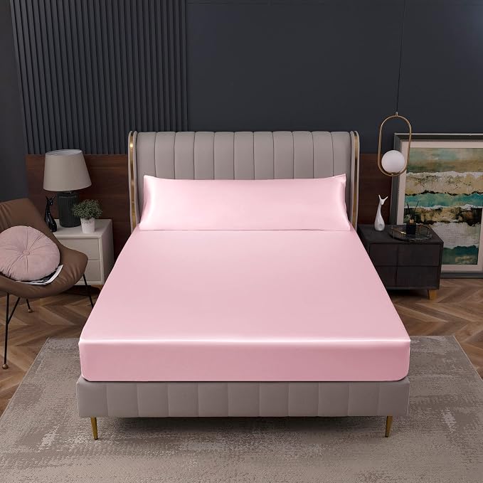 Homiest Blush Pink Satin Fitted Sheet Queen Size, Deep Pocket, Luxury & Ultra - Image 8