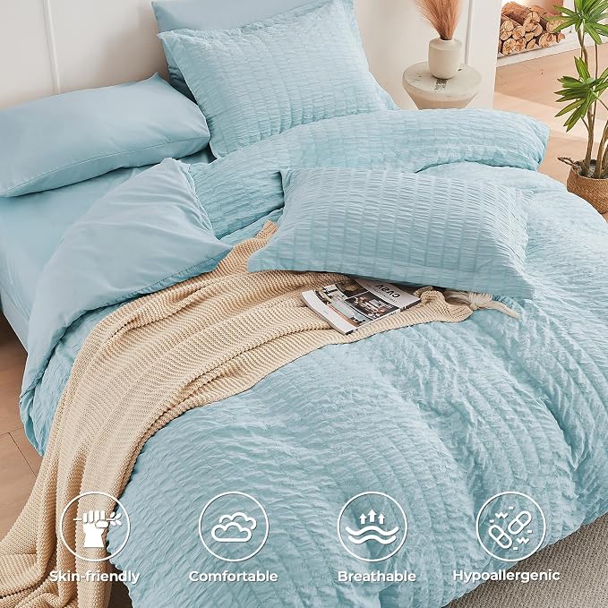 HYMOKEGE Lake Blue Full Size Comforter Sets Seersucker 7 Pieces, All Season - Image 3