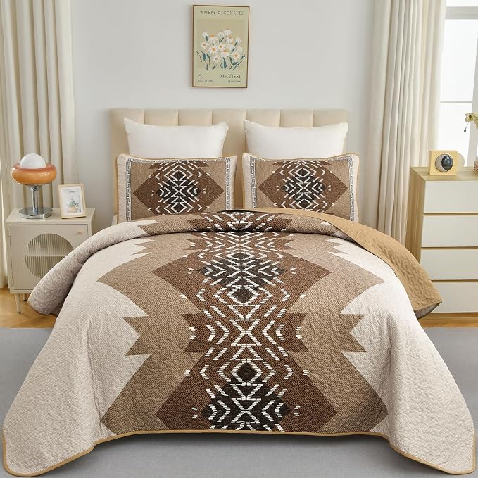 Dintszyayue Boho Full Size Quilt Set, 3 Pieces Aztec Texture Bedding Coverlet by Dintszyayue