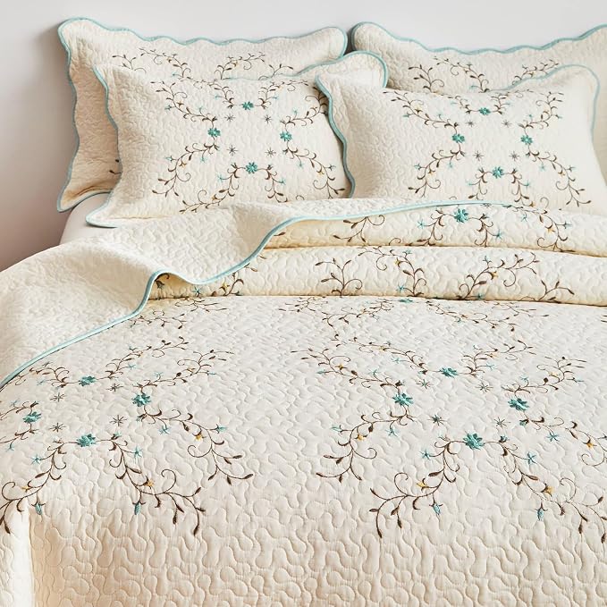 ROOMLIFE Quilt Set Queen Size 3D Floral Embroidery Pattern 3-Piece Cotton - Image 2