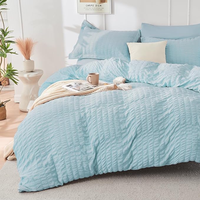 HYMOKEGE Lake Blue Twin Comforter Set Seersucker 5 Pieces, All Season Luxury - Image 2