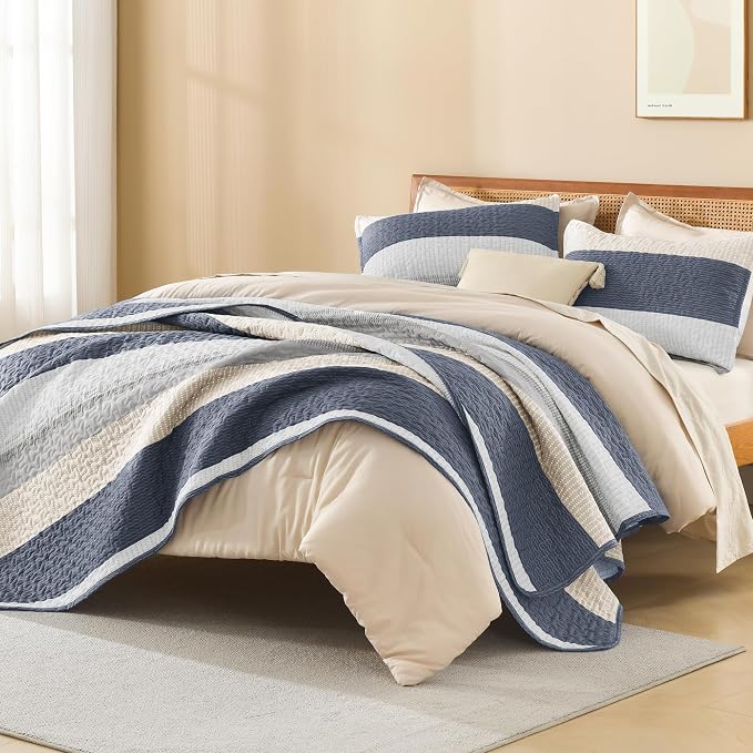 Litanika Quilt Queen Size Blue and Yellow, Stripe Patchwork Summer Bedspread - Image 4