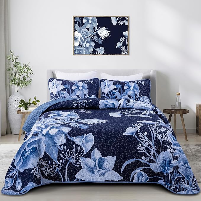Floral Quilt Set King 3 Pieces Navy Blue Floral Quilt Coverlet Set Soft by DRUCON